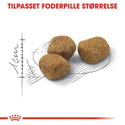 Tre foderpiller vist med skitse og mål, tekst: TILPASSET FODERPILLE STØRRELSE, målangivelse 1 cm synlig ved siden af pillerne.