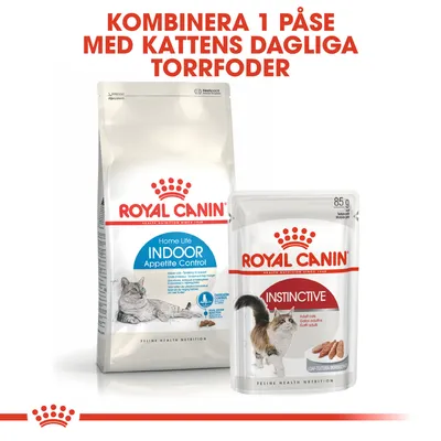 Royal Canin Home Life Indoor Appetite Control torrfoder och Royal Canin Instinctive våtfoder 85 g. Text: Kombinera 1 påse med kattens dagliga torrfoder.