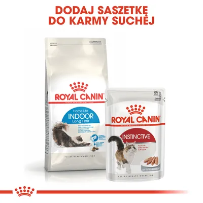Royal Canin Home Life Indoor Long Hair karma sucha oraz Royal Canin Instinctive saszetka 85 g dla kotów. Widoczny napis: Dodaj saszetkę do karmy suchej.