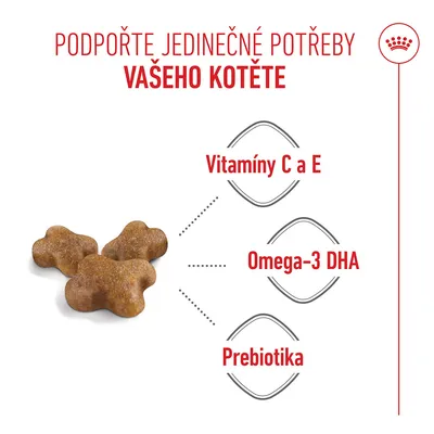 Suché krmivo s informacemi o obsažených vitaminech C a E, omega-3 DHA a prebiotikách.