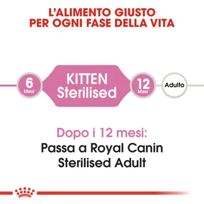 L'alimento giusto per ogni fase della vita. 6 mesi Kitten Sterilised 12 mesi Adulto. Dopo i 12 mesi: Passa a Royal Canin Sterilised Adult.