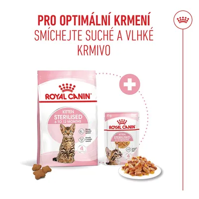 Royal Canin Kitten Sterilised 6 až 12 měsíců suché a vlhké krmivo. Doporučení: kombinujte suché a vlhké krmivo pro optimální krmení. Royal Canin Kitten Sterilised 6 až 12 měsíců suché a vlhké krmivo. Doporučení: kombinujte suché a vlhké krmivo pro optimální krmení.