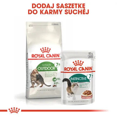 ROYAL CANIN Active Life Outdoor 7+ karma sucha i Instinctive 7+ saszetka dla kotów, napis: Dodaj saszetkę do karmy suchej. Opakowania z widocznymi kotami.