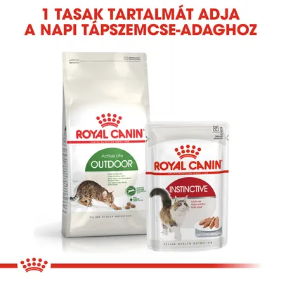 1 tasak tartalmát adja a napi tápszemcse-adaghoz. Royal Canin Active Life Outdoor száraztáp és Instinctive 85 g nedvestáp macskáknak látható a képen.
