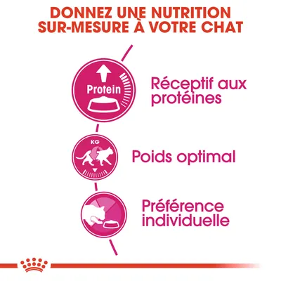 Donnez une nutrition sur-mesure à votre chat : réceptif aux protéines, poids optimal, préférence individuelle. Texte en français.