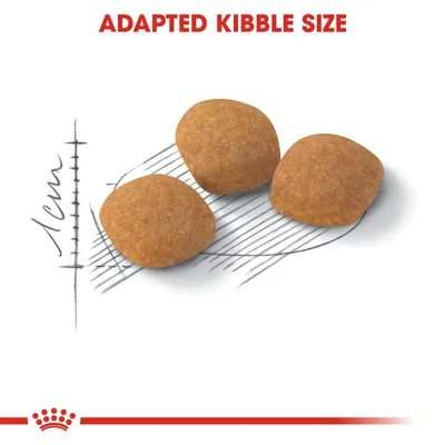 Three pieces of kibble shown with a 1 cm size scale and the text 'ADAPTED KIBBLE SIZE' above. Red crown logo at the bottom.
