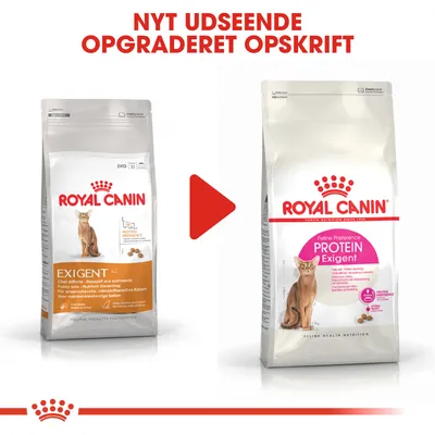 ROYAL CANIN kattefoder Exigent 42 og Feline Preference Protein Exigent poser, tekst: NYT UDSEENDE OPGRADERET OPSKRIFT. Visuel sammenligning af gammel og ny emballage.