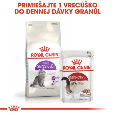 ROYAL CANIN Regular Sensible 33 granuly a INSTANTIVE kapsička pre mačky, text: Primiešajte 1 vrecúško do dennej dávky granúl. Balenie 85 g viditeľné na kapsičke.