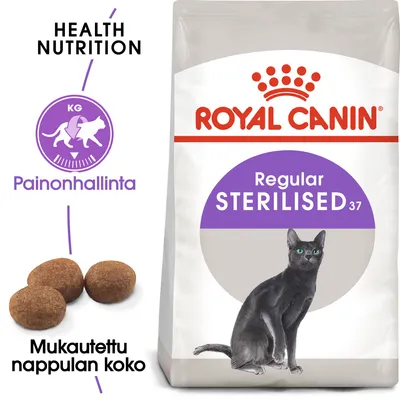 Royal Canin Regular Sterilised 37 -kissanruokapakkaus, tekstit: Health Nutrition, Painonhallinta, Mukautettu nappulan koko. Kuvassa myös musta kissa ja kolme nappulaa.