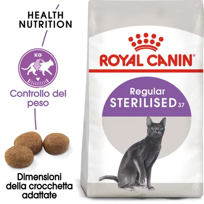 Royal Canin Regular Sterilised 37, controllo del peso, dimensioni della crocchetta adattate, immagine di un gatto e crocchette visibili sulla confezione.