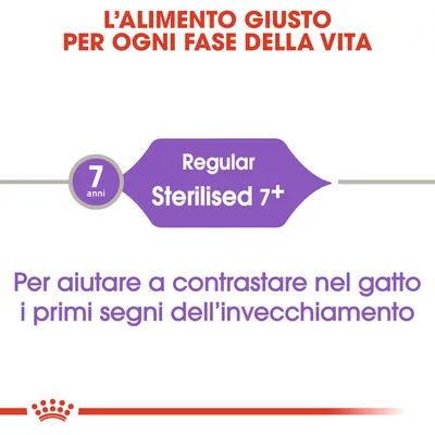 L’ALIMENTO GIUSTO PER OGNI FASE DELLA VITA. Regular Sterilised 7+. Per aiutare a contrastare nel gatto i primi segni dell’invecchiamento. 7 anni.