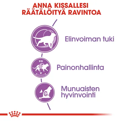 Anna kissallesi räätälöityä ravintoa. Elinvoiman tuki, painonhallinta, munuaisten hyvinvointi. Kolme violettia kuvaketta ja tekstit korostavat eri hyötyjä.
