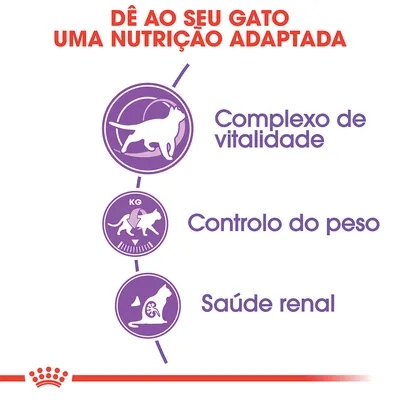 Dê ao seu gato uma nutrição adaptada: Complexo de vitalidade, Controlo do peso, Saúde renal. Texto e ícones ilustrativos em roxo.