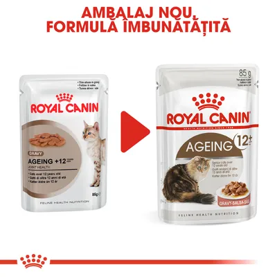 Royal Canin Ageing 12+ hrană umedă pentru pisici peste 12 ani, imagine cu vechiul și noul ambalaj. Text: Ambalaj nou, formulă îmbunătățită.