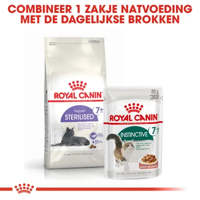 Royal Canin Regular Sterilised 7+ kattenbrokken en Royal Canin Instinctive 7+ natvoeding. Tekst: Combineer 1 zakje natvoeding met de dagelijkse brokken.