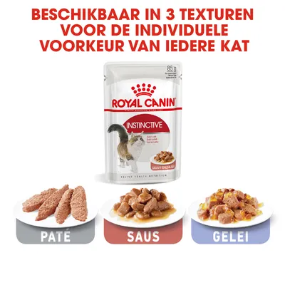 Royal Canin Instinctive kattenvoer, verkrijgbaar in 3 texturen: paté, saus en gelei. Beschikbaar in 85 g verpakking. Tekst: Beschikbaar in 3 texturen voor de individuele voorkeur van iedere kat.