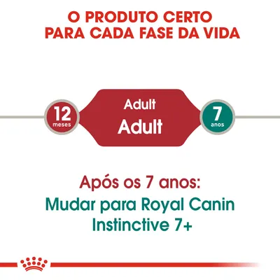 O produto certo para cada fase da vida. Adulto dos 12 meses aos 7 anos. Após os 7 anos: mudar para Royal Canin Instinctive 7+. Texto em português e inglês.