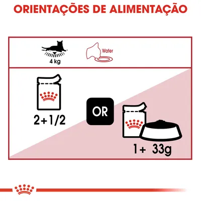 Orientações de alimentação para gato de 4 kg: 2 saquetas e meia ou 1 saqueta mais 33 g de ração seca. Inclui símbolo de água com texto 'Water'.