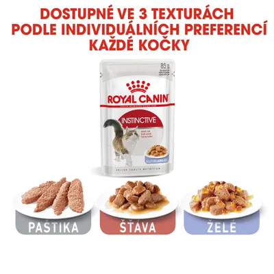 Royal Canin Instinctive 85 g, dostupné ve 3 texturách: paštika, šťáva, želé. Text: Dostupné ve 3 texturách podle individuálních preferencí každé kočky.