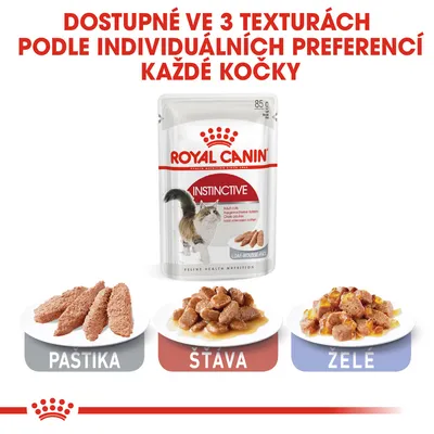 Royal Canin Instinctive 85 g, dostupné ve 3 texturách: pastika, šťáva, želé. Obrázky jednotlivých variant krmiva pro kočky na talířích.