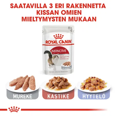 Royal Canin Instinctive kissanruoka, saatavilla kolme rakennetta: mureke, kastike ja hyytelö. Pakkaus 85 g. Näkyvissä annoskuvat eri rakenteista.