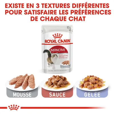 Royal Canin Instinctive 85 g, existe en 3 textures : mousse, sauce, gelée. Texte visible : 'EXISTE EN 3 TEXTURES DIFFÉRENTES POUR SATISFAIRE LES PRÉFÉRENCES DE CHAQUE CHAT'.