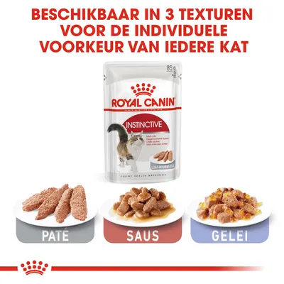 Royal Canin Instinctive kattenvoer, 85 g. Beschikbaar in 3 texturen: paté, saus en gelei. Tekst: 'Beschikbaar in 3 texturen voor de individuele voorkeur van iedere kat'.
