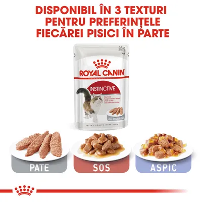 Royal Canin Instinctive 85 g, disponibil în 3 texturi: pate, sos, aspic. Imagine cu plic de hrană umedă pentru pisici și trei farfurii cu cele trei tipuri de texturi.