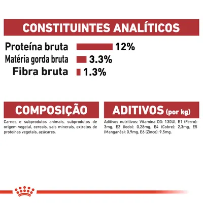 Constituintes analíticos: proteína bruta 12 %, matéria gorda bruta 3,3 %, fibra bruta 1,3 %. Composição: carnes, subprodutos animais e vegetais, cereais, sais minerais, açúcares. Aditivos: vitamina D3, ferro, iodo, cobre, manganês, zinco.