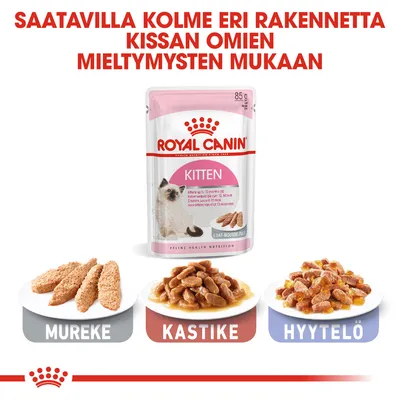 Royal Canin Kitten -kissanruoka, 85 g pussi. Kolme rakennetta: mureke, kastike ja hyytelö. Teksti: Saatavilla kolme eri rakennetta kissan omien mieltymysten mukaan.