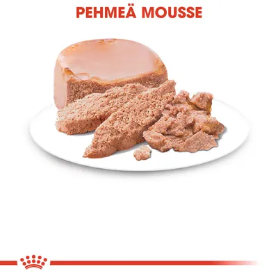 Pehmeä mousse -koiranruoka lautasella, koostumus näkyvissä. Ylhäällä teksti: PEHMEÄ MOUSSE.