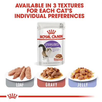 Royal Canin Sterilised macskaeledel 85 g, három textúrában: loaf, gravy, jelly. Felirat angolul: Available in 3 textures for each cat’s individual preferences.