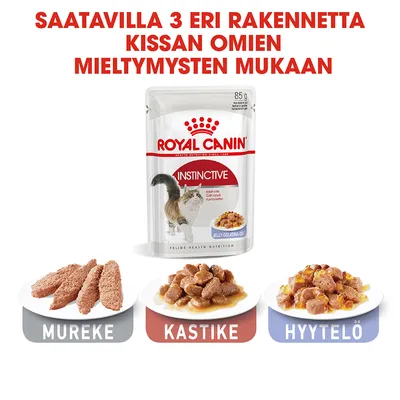 Royal Canin Instinctive kissanruoka 85 g, kolme rakennetta: mureke, kastike ja hyytelö. Teksti: Saatavilla 3 eri rakennetta kissan omien mieltymysten mukaan.