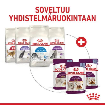 Royal Canin Fit, Sterilised, Indoor, Sensible -kuivaruokapussit ja Sensory Smell, Taste, Feel -annospussit. Teksti: Soveltuu yhdistelmäravintoon.