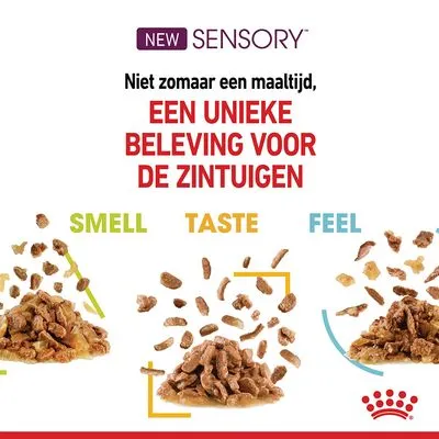 NEW SENSORY. Niet zomaar een maaltijd, een unieke beleving voor de zintuigen. SMELL, TASTE, FEEL bij drie porties natvoer. Royal Canin merk zichtbaar.