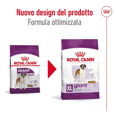 Nuovo design del prodotto Royal Canin Giant Adult, ora Size XL giant adult. Testo visibile: Formula ottimizzata. Immagine di due confezioni con cane grande in evidenza.