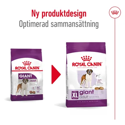 Ny produktdesign och optimerad sammansättning för Royal Canin Giant Adult hundfoder, visar gammal och ny förpackning med texten 'size XL giant adult' på nya påsen.
