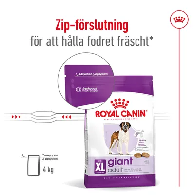 Royal Canin Giant Adult hundfoder 4 kg med zip-förslutning. Text: Zip-förslutning för att hålla fodret fräscht, easyopen & zipsystem, freshpack protective atmosphere.