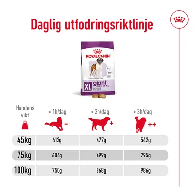 Daglig utfodringsriktlinje för Royal Canin Giant Adult XL. Tabell: 45 kg 412–542 g, 75 kg 604–795 g, 100 kg 750–986 g beroende på aktivitetstid per dag.