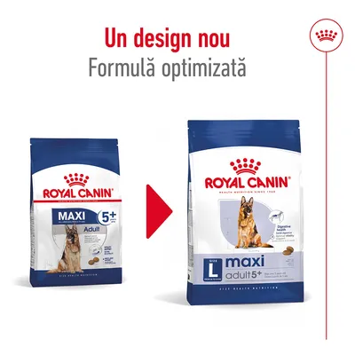 Royal Canin Maxi Adult 5+ pentru câini, ambalaj vechi și nou. Text vizibil: Un design nou, Formulă optimizată, maxi adult 5+, size L, digestive health.