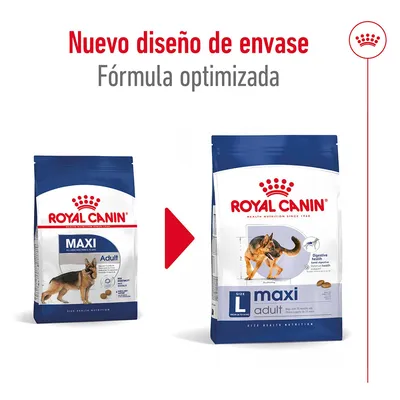 Royal Canin Maxi Adult, nuevo diseño de envase y fórmula optimizada. Imagen de dos sacos de pienso para perros grandes, antes y después del cambio de diseño.