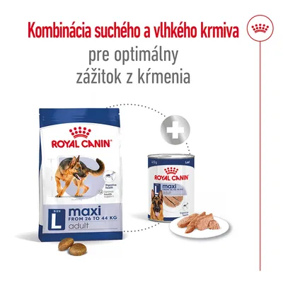 Royal Canin maxi adult suché krmivo 26–44 kg a konzerva vlhkého krmiva, kombinácia pre optimálny zážitok z kŕmenia. Text: Kombinácia suchého a vlhkého krmiva pre optimálny zážitok z kŕmenia.