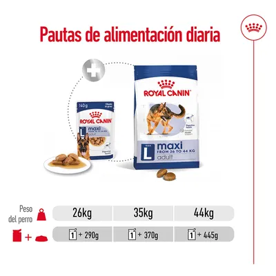 Pautas de alimentación diaria Royal Canin maxi adult: para perros de 26 kg, 1 lata + 290 g; 35 kg, 1 lata + 370 g; 44 kg, 1 lata + 445 g. Imagen de pienso y comida húmeda.