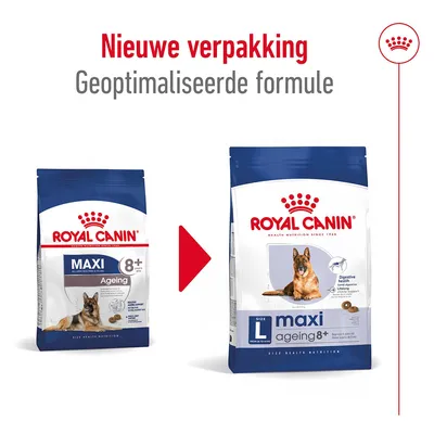 Royal Canin maxi ageing 8+ hondenvoer, oude en nieuwe verpakking naast elkaar. Tekst: Nieuwe verpakking, Geoptimaliseerde formule.