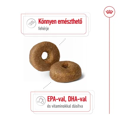 Könnyen emészthető fehérje, EPA-val, DHA-val és vitaminokkal dúsítva felirat, két lyukas, barna színű táp szemcsével.