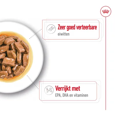 Bord natvoer met tekst: Zeer goed verteerbare eiwitten. Verrijkt met EPA, DHA en vitaminen.