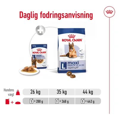 Daglig fodringsanvisning for Royal Canin Maxi Ageing 8+ til hunde: 26 kg – 1 pose + 288 g, 35 kg – 1 pose + 368 g, 44 kg – 1 pose + 443 g. Billede af tør- og vådfoder.
