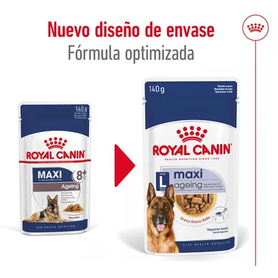 Comparativa de dos envases Royal Canin Maxi Ageing 140 g para perros mayores, con texto: Nuevo diseño de envase, fórmula optimizada.