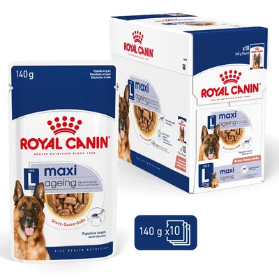 Royal Canin maxi ageing, plic 140 g și cutie cu 10 plicuri. Imagine cu câine ciobănesc german, text vizibil: Gravy-Sauce-Sos, Digestive health, size L, pentru câini peste 5 ani.