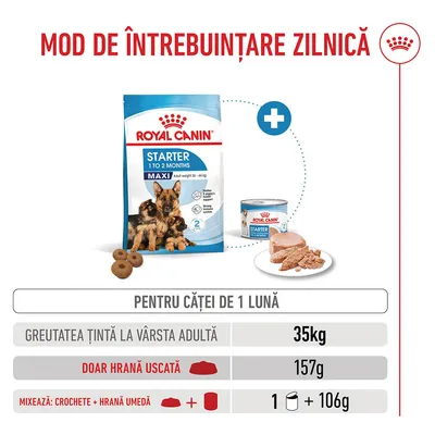 Recomandare de hrănire pentru căței de 1 lună: greutate țintă 35 kg, doar hrană uscată 157 g sau combinație din 1 conservă de hrană umedă și 106 g hrană uscată. Recomandare de hrănire pentru căței de 1 lună: greutate țintă 35 kg, doar hrană uscată 157 g sau combinație din 1 conservă de hrană umedă și 106 g hrană uscată.